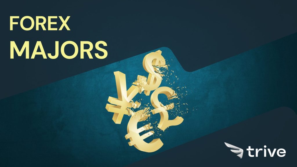 Symbole der Forex-Hauptwährungen Dollar, Yen, Euro und Pfund mit dem Trive-Logo in der Ecke