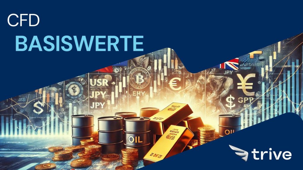 CFD Basiswerte: Öl, Gold, Aktien und Indizes als wichtige Handelsinstrumente für CFD-Trading. Visualisierung von Rohöl-Fässern, Goldbarren und Marktindikatoren für erfolgreiche Investitionsstrategien.