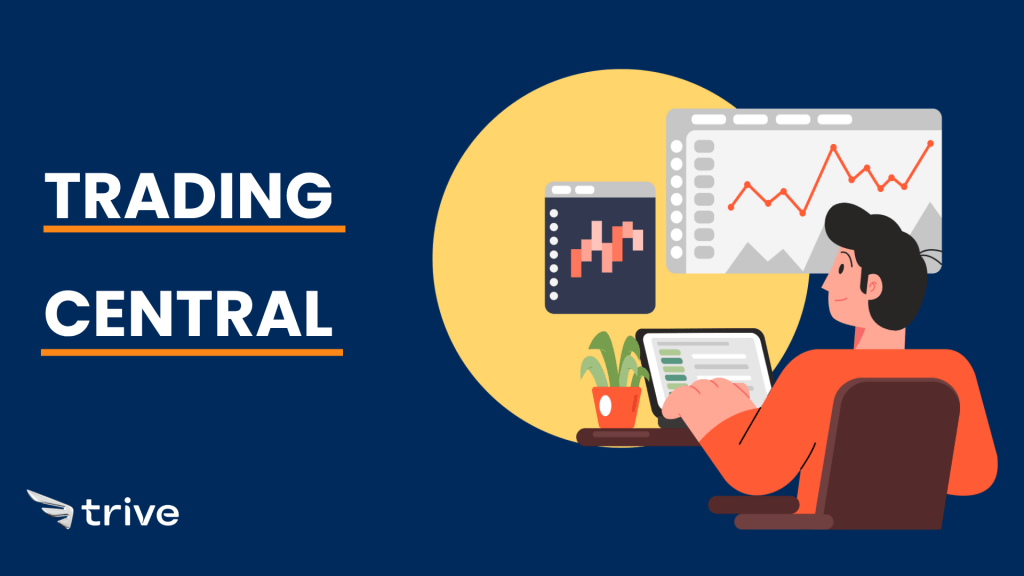Illustration eines Traders vor mehreren Bildschirmen mit Charts und Kursanalysen, daneben der Schriftzug „Trading Central“ und das Trive-Logo auf dunkelblauem Hintergrund.