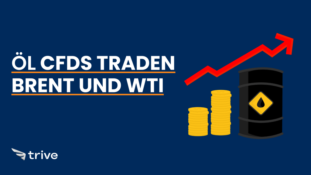 Illustration zum Öl CFD Handel bei Trive: Brent- und WTI-CFDs mit Öl-Fass, Münzen und Kursentwicklung