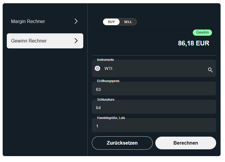 Screenshot des Trive Gewinn Rechners: Beispiel für WTI Öl CFD mit 1 Lot, Eröffnungspreis 63, Schlusskurs 64, Ergebnis 86,18 EUR Gewinn