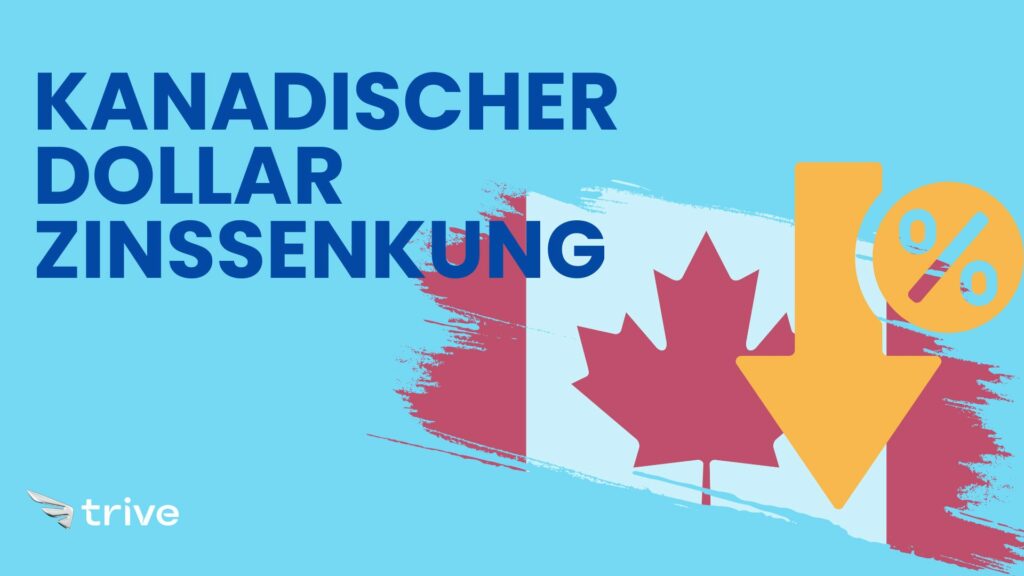 Zinssenkung in Kanada – Schriftzug „Kanadischer Dollar Zinssenkung“ mit Kanada-Flagge und Pfeil nach unten