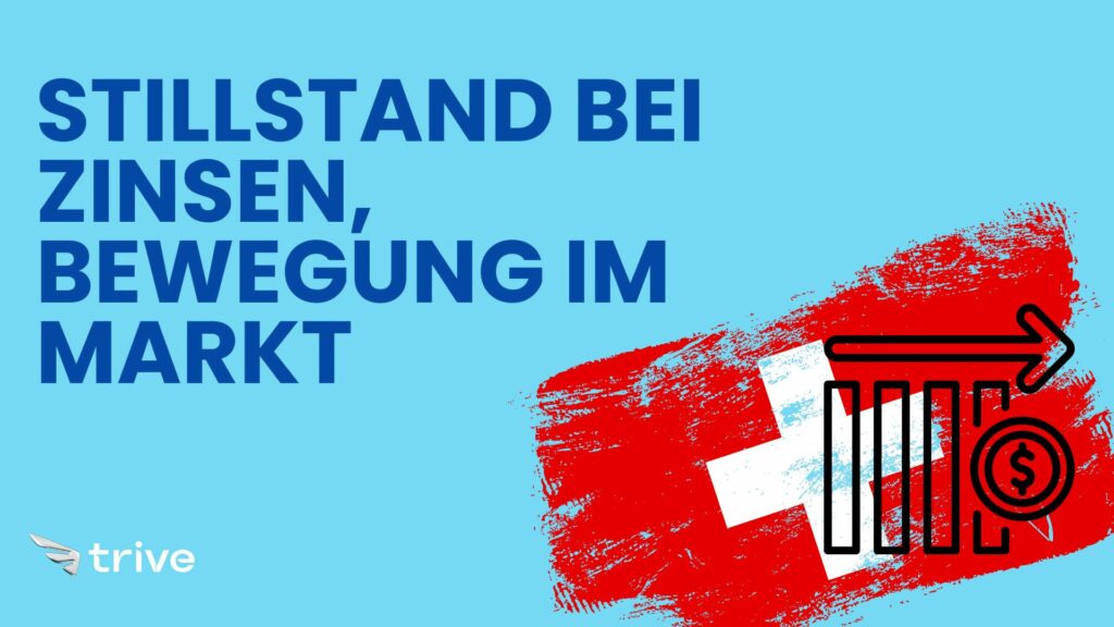 "Stillstand bei Zinsen, Bewegung im Markt“, rotem Pinselstrich in Form der Schweizer Flagge und einem Symbol für steigende Marktbewegung. Darstellung zur geldpolitischen Entscheidung der Schweizerischen Nationalbank, den Leitzins bei 0 % zu belassen.