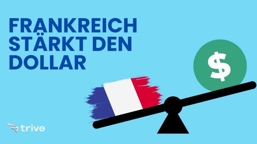Grafik zeigt die französische Flagge und ein Dollar-Symbol auf einer Waage, symbolisch für die politische Unsicherheit in Frankreich und die Stärke des US-Dollar gegenüber dem Euro.