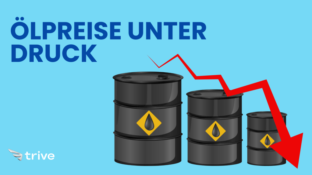 Drei fallende Ölfässer mit rotem Abwärtspfeil symbolisieren sinkende Ölpreise durch Überangebot am Markt.
