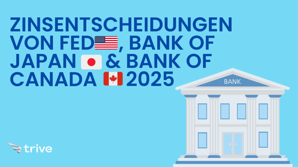 Illustration einer Bank mit den Flaggen der USA, Japans und Kanadas und dem Schriftzug „Zinsentscheidungen 2025“