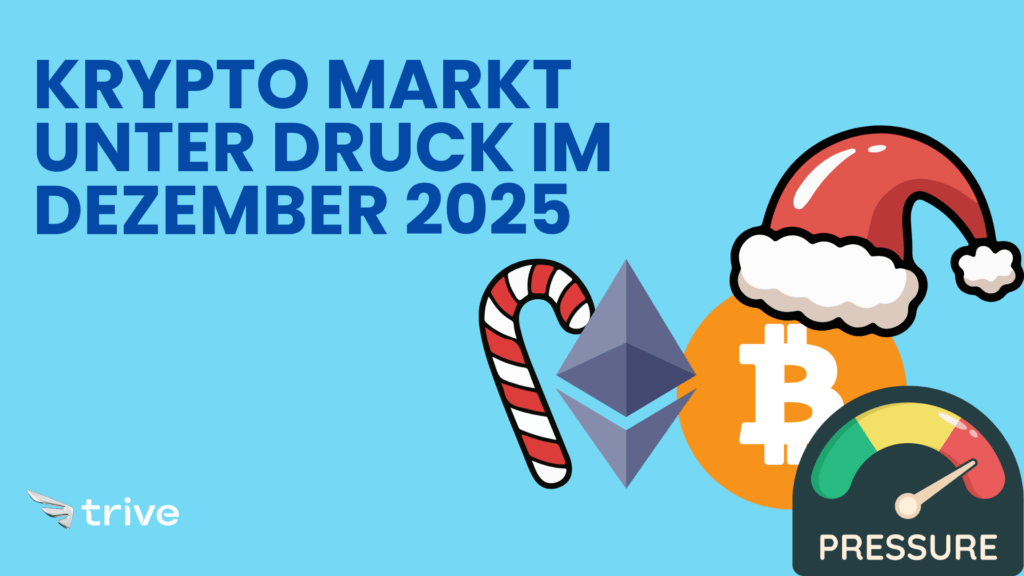 Grafik zeigt Bitcoin und Ethereum Symbole mit Weihnachtsmotiven und Hinweis auf hohen Druck im Kryptomarkt im Dezember 2025
